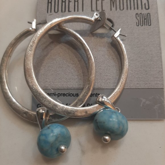 2/$20 Robert Lee Morris Soho silver plated hoop Earrings with blue stone - Picture 4 of 6